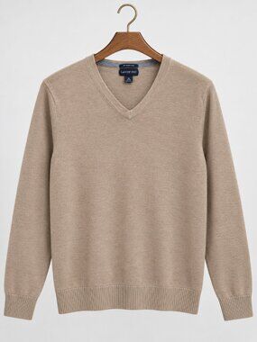 Supima Cotton V-Neck Men`s M Sweater Beige Lands’ End Business Casual